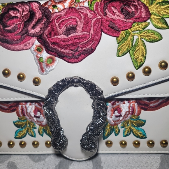 Floral Pink Red Dionysys White Faux Leather Gold Stud Black NEW - Picture 10 of 12